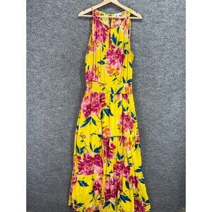 Allison Joy Dress Women XL Yellow Floral Sheath Midi Sleeveless Rayon Lined